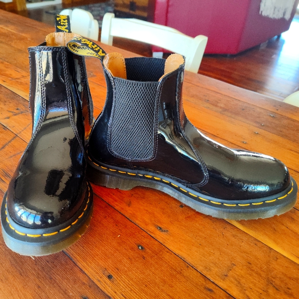 Dr. Martens Black and White Ankle Boots with Glossy Finish